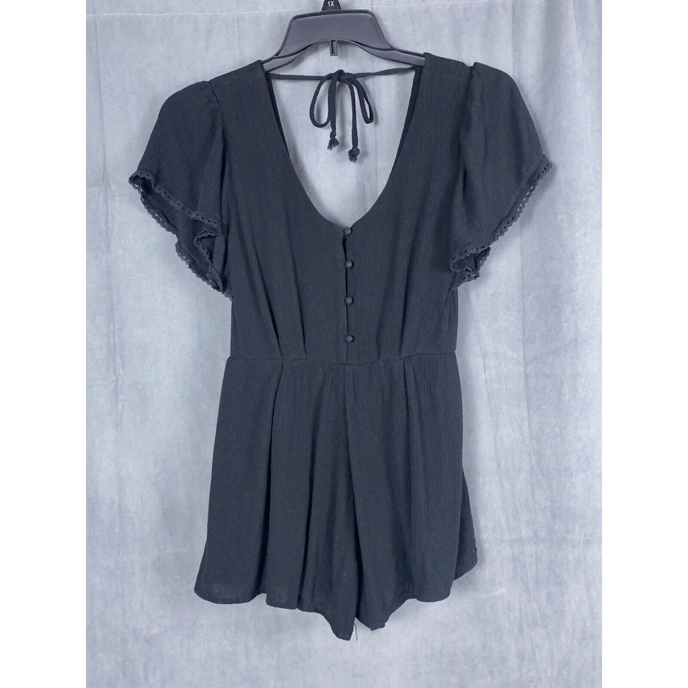 Trixxi Romper Women's Small Black Lined Gauze Deep V Plunge Buttons Sexy Outfit